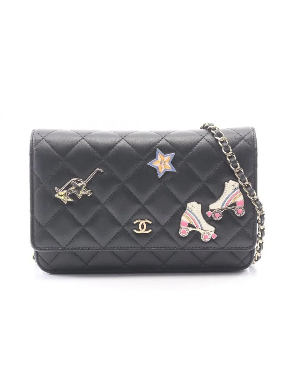 Chanel Shoulder Bag Quilted Icon Charm Black Lambskin Chain Wallet